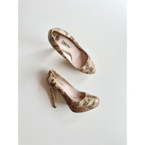 MIU MIU Beige Gold Brown Snakeskin Leather Round Toe Platform Pumps, Size 35.5